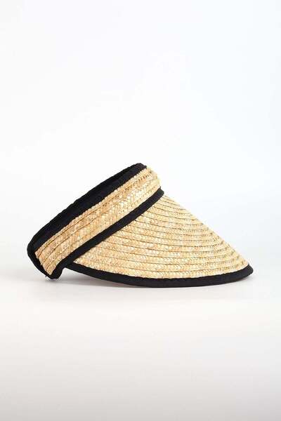 Haşema Μαύρο καπέλο παραλίας με λεπτομέρεια από ψάθινο πλεκτό μπεζ γείσο 14709