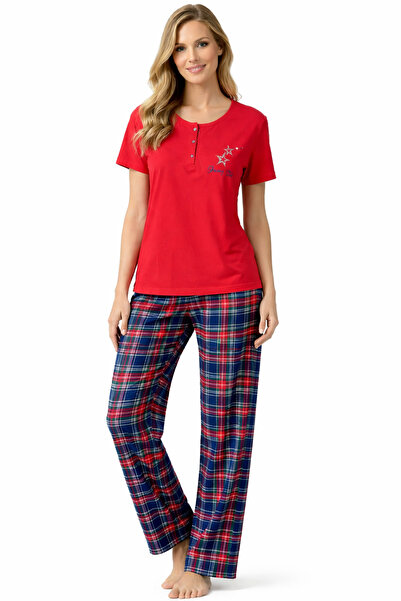 BALİS PİJAMA Women's Red Black Cotton Crew Neck Short Sleeve Buttoned Star De...