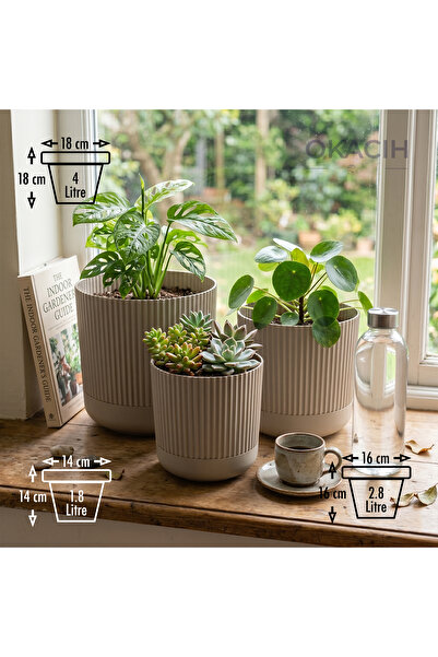 okacih 3’lü Dekoratif Çizgili Saksı Seti 14-16-18 cm Modern Ribbed İç Mekan S...