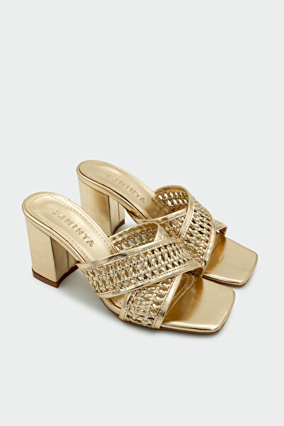 LAMİNTA Γυναικείες χρυσές παντόφλες με τακούνι Tyler με πλεκτή λεπτομέρεια
