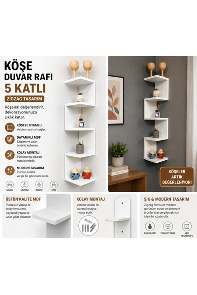 Ege Köşe Duvar Rafı 5 Katlı Zigzag Tasarım – Dekoratif Beyaz MDF Köşe Rafı