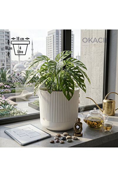 okacih Modern Ribbed Çizgili Saksı 18 cm 4 Litre Dekoratif İç Mekan Saksı