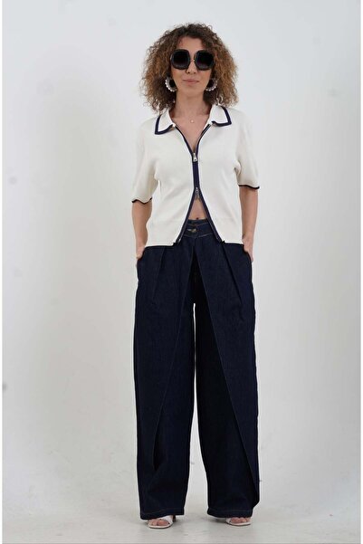 Zelish My Sister Navy Blue Comfortable Denim Trousers with Front Panels