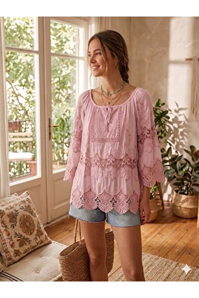 AYASOFYA OTANTIK Γυναικεία Ιταλική Ροζ Μεταξωτή Μπλούζα με Λεπτομέρειες από Π...