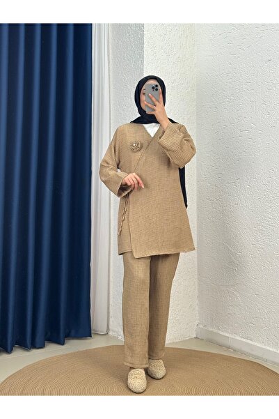 MİHRA STORE Cevher Σακάκι με Πλαϊνές Λωρίδες και Δέσιμο Gofre Τριπλό Σετ-MF18...