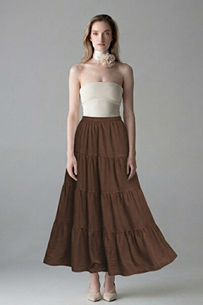 COMBİNE MİCHAİL Γυναικεία ελαστική μακριά φούστα σε καφέ χρώμα με ελαστική μέση