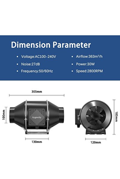 Aygrochy Ventilator evacuare aer 100 mm Aygrochy, clasa energetica A, reglabil, cu regulator de viteza, 363 m³/h, 2800 rpm, 30 W, motor EC, silentios, material ABS