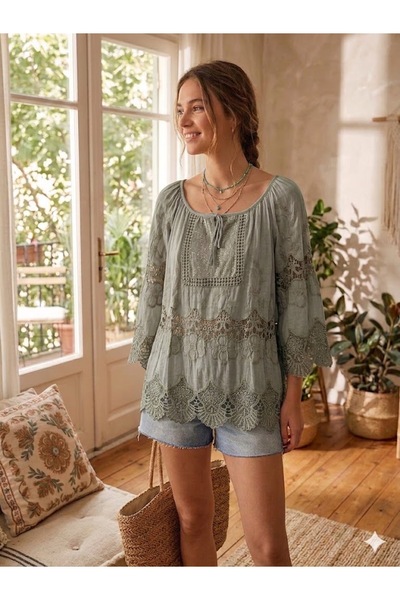 AYASOFYA OTANTIK Γυναικεία Ιταλική Μπλούζα από Μετάξι με Λεπτομέρεια από Πούλ...