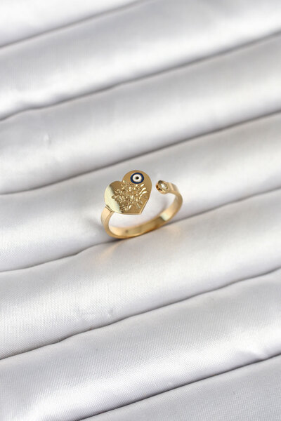 Beta Moda Hub 316L Steel Gold Color Evil Eye Detailed Heart Model Women's Ring