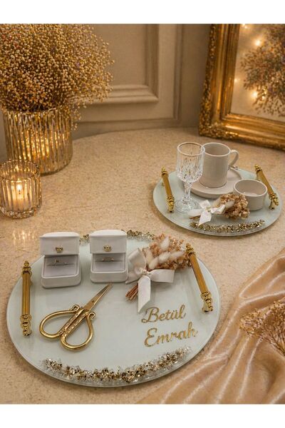 Nura Collection Gold Taşlı Yuvarlak Söz Nişan Tepsi Seti , Gold Taşlı Damat K...
