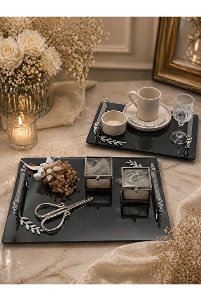 Nura Collection Gümüş Dikdörtgen Camlı Söz Nişan Tepsi Seti , Gümüş Damat Kah...