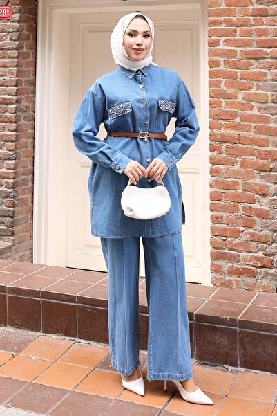 Modamihram Κουμπωτό Τζιν Σετ με Λεπτομέρεια από Πέτρα και Ζώνη, Ανοιχτό Μπλε ...