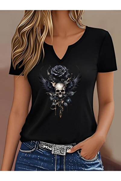 mercoledi Γυναικείο μπλουζάκι με στάμπα, μισό μανίκι σε σχήμα V, κανονική εφα...