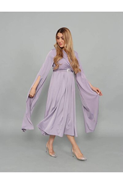 FIRST STYLE فستان ميدي باللون البنفسجي تصميم لف بقصة أكمام أنيقة