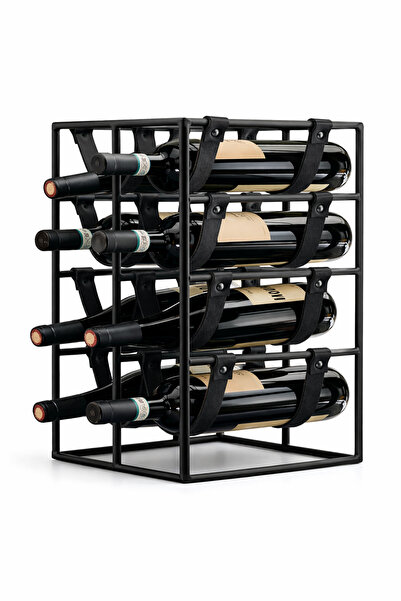 Roccos Dekoratif 8’li Metal Şaraplık –Siyah Deri Bantlı Wine Rack | Modern Şa...