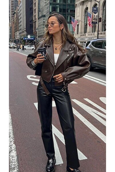 Ekim Store Acı Kahve Belted Oversize Leather Jacket