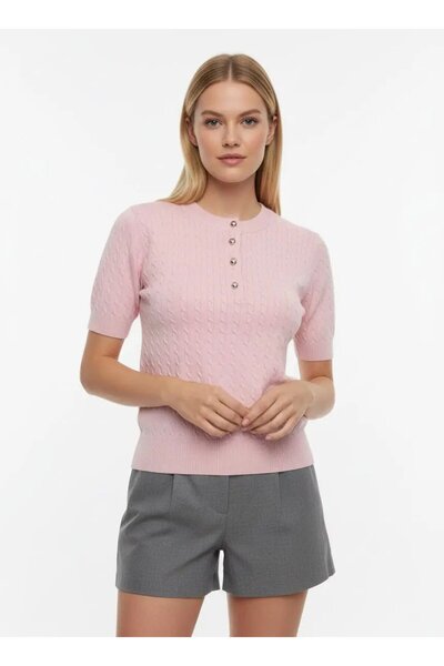 Park Karon 12467 Γυναικεία πλεκτή μπλούζα με λεπτομέρεια κουμπιού σε λαιμόκοψ...