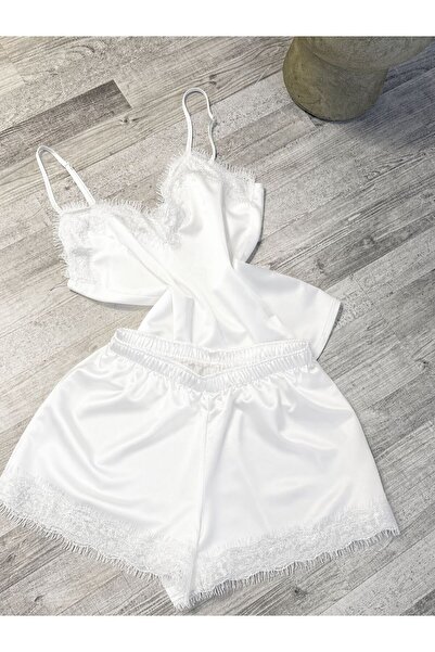 Sandrada SD Λευκό σατέν σετ με δαντέλα - τοπ με τιράντες σπαγγέτι και κομψό σ...