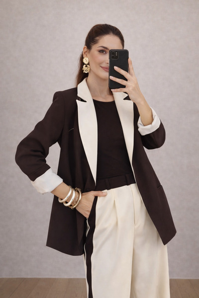 EFSUN MODA Women's Garnished Blazer Suit Bkrem Pants Palazzo Jacket