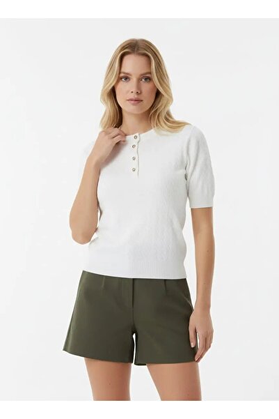 Park Karon 12467 Women's Crew Neck Button Detail Hair Knit Knitwear Blouse