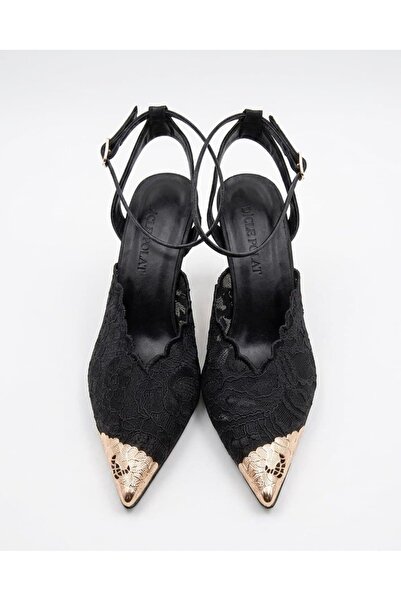 diclepolat Γυναικεία παπούτσια με μαύρη δαντέλα και λεπτή σιδερένια γόβα με λ...