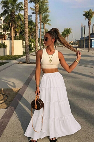 COMBİNE MİCHAİL Women's Summer Comfortable White Long Flared Skirt