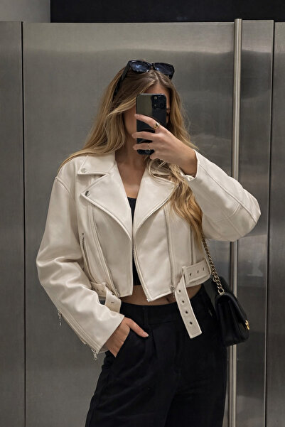 Ekim Store Ecru Belted Casual Leather Jacket