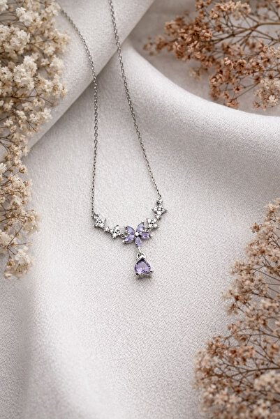 Silvanya Jewelry 925 Ayar Gümüş Zirkon Taşlı Kalp Sallantılı Mor Nergis Çiçeğ...