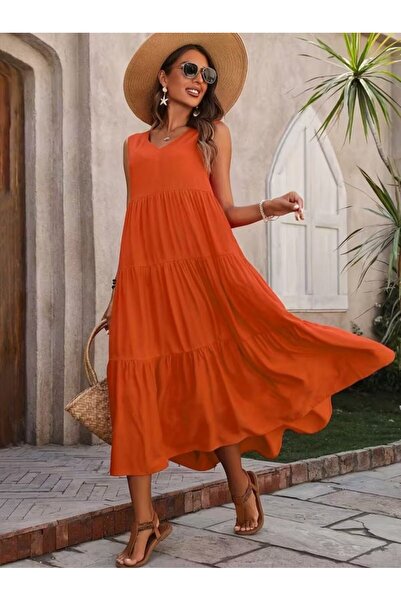 Wear Up Γυναικείο μακρύ φόρεμα από υφαντό βισκόζη με τιράντες και λαιμόκοψη V