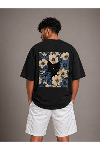 Nulivez Floral Black Cat Printed Oversize Unisex T-Shirt Vintage Streetwear C...