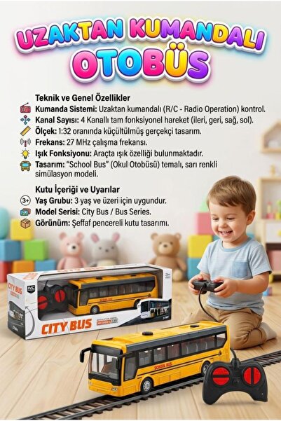 Uzaktan Kumandalı 4 Fonksiyonlu Işıklı 27MHz 1:32 Ölçülü Detaylı Servis Tasarımlı Oyuncak Otobüs