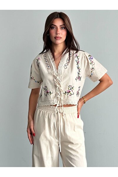 Ekim Store Keten Nakışlı Bağlamalı Bluz Pantolon İkili Takım
