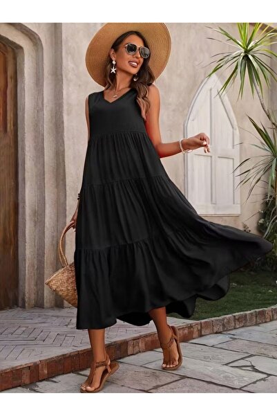 Wear Up Γυναικείο μακρύ φόρεμα από υφαντό βισκόζη με τιράντες και λαιμόκοψη V