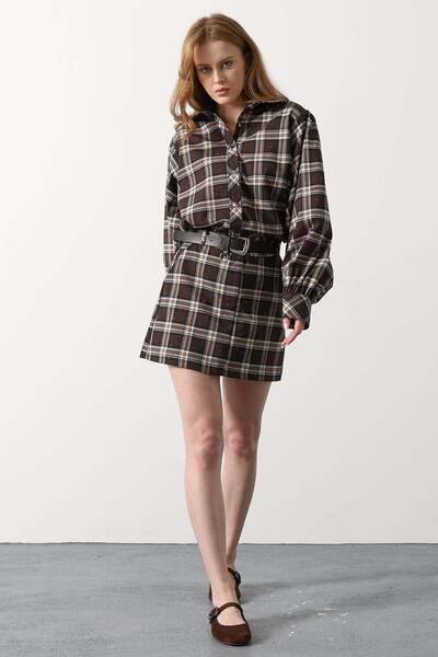 SHILSEE BEUTİQUE Women's Plaid Patterned Stone-Embellished Belted Skirt Shirt...