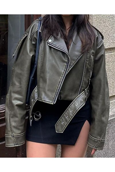 Ekim Store Khaki Eyelet Belted Casual Leather Jacket