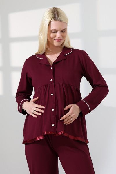 LadyMina Pijama Σετ πιτζάμες για εγκύους Lauasa με πλισέ, μπορντό χρώμα