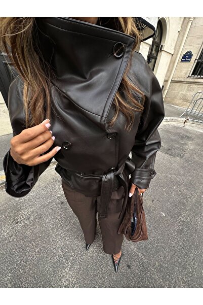 Ekim Store Μαύρο δερμάτινο μπουφάν με κουμπιά και ζώνη