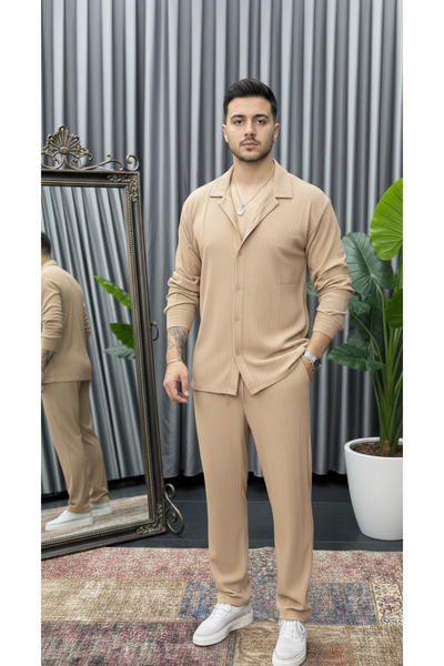 Fifty Color Men's Summer Buttoned Long Sleeve Shirt and Lace-Up Trousers Set ...