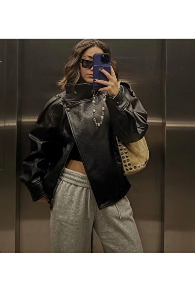 Ekim Store Δερμάτινο μπουφάν με όρθιο γιακά σε χαλαρή γραμμή, μαύρο