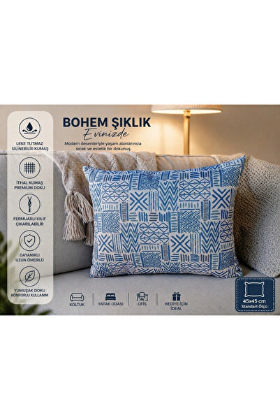 Modern Bohem Desenli İçi Dolu Kırlent 45x45 Mavi (2 Adet)