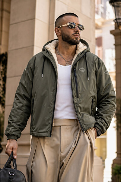 hacker Men's Winter Premium Hooded Khaki Fur-Lined Raincoat