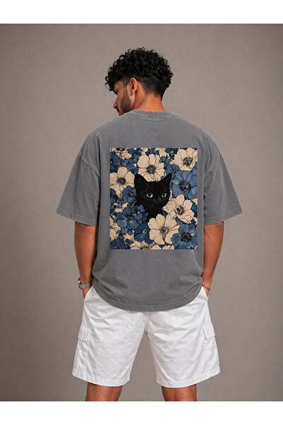 Nulivez Floral Black Cat Printed Oversize Unisex T-Shirt Vintage Streetwear C...