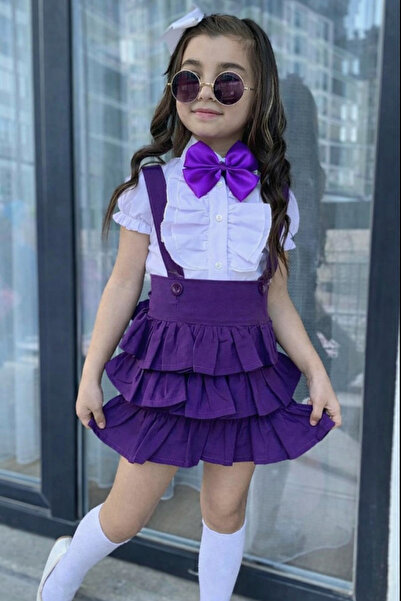 leora kids store Kız çocuk slopet etekli takım(slopet,gömlek,fiyonk)