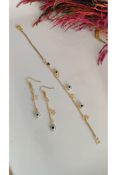 El Yapımı Nazar Boncuklu Çelik Bileklik Küpe Set