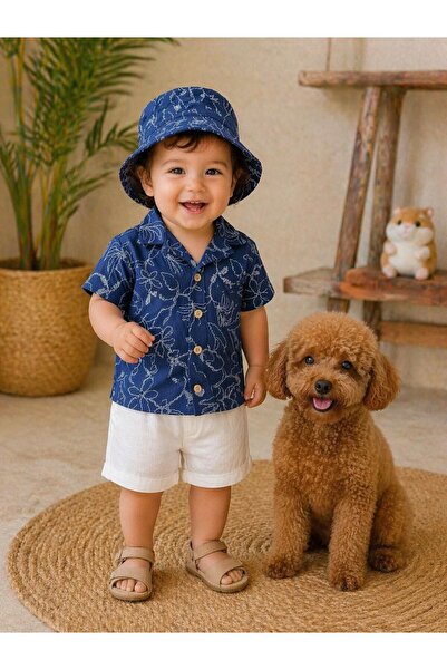 P&H BABYWEAR طقم صيفي للأولاد/الأطفال من الموسلين مع قبعة سفاري مطبوعة بالزهو...