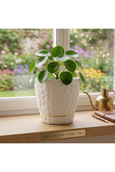 okacih Taş Desenli Küçük Saksı 12 cm 0,75 Lt Dekoratif Saksı