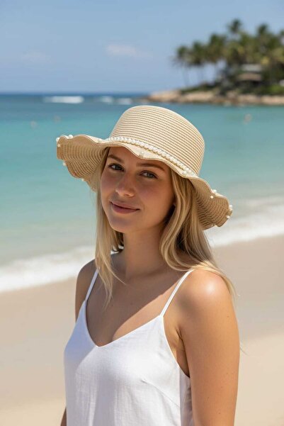 Aware Time Γυναικείο Ψάθινο Καπέλο Φέρουτζ με Πέρλες