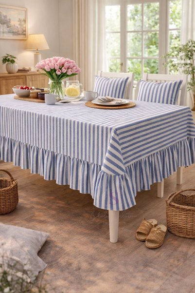 shules collection Buldan Linen Ruffled Vintage Blue Striped Tablecloth