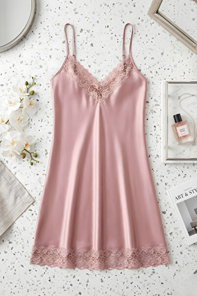 QKK Γυναικείο Σατέν Νυχτικό Dusty Rose - Κομψό Φόρεμα Ύπνου με Λεπτομέρεια απ...