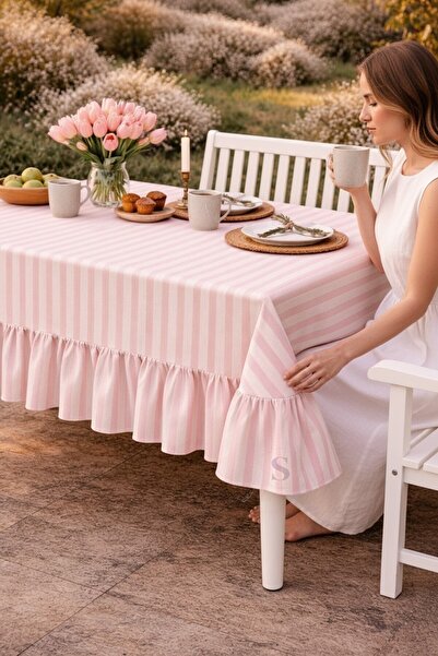 shules collection Τραπεζομάντηλο Buldan από λινό με βολάν, vintage ροζ ριγέ